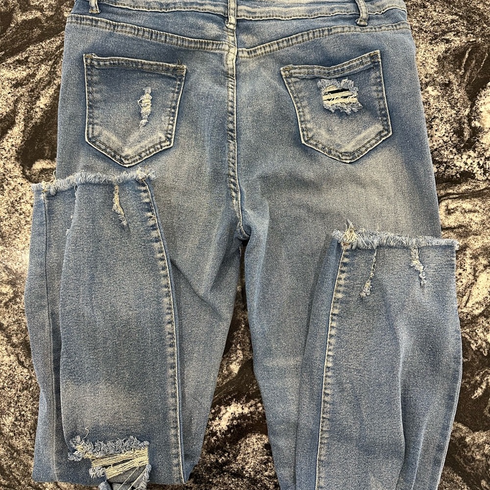 Distressed Blue Denim Capri